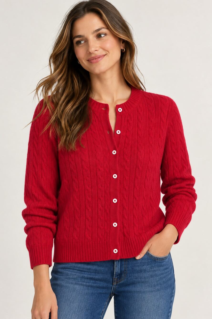 Fairway & Greene S/P Red Cable Knit Cashmere Cardigan Sweater
